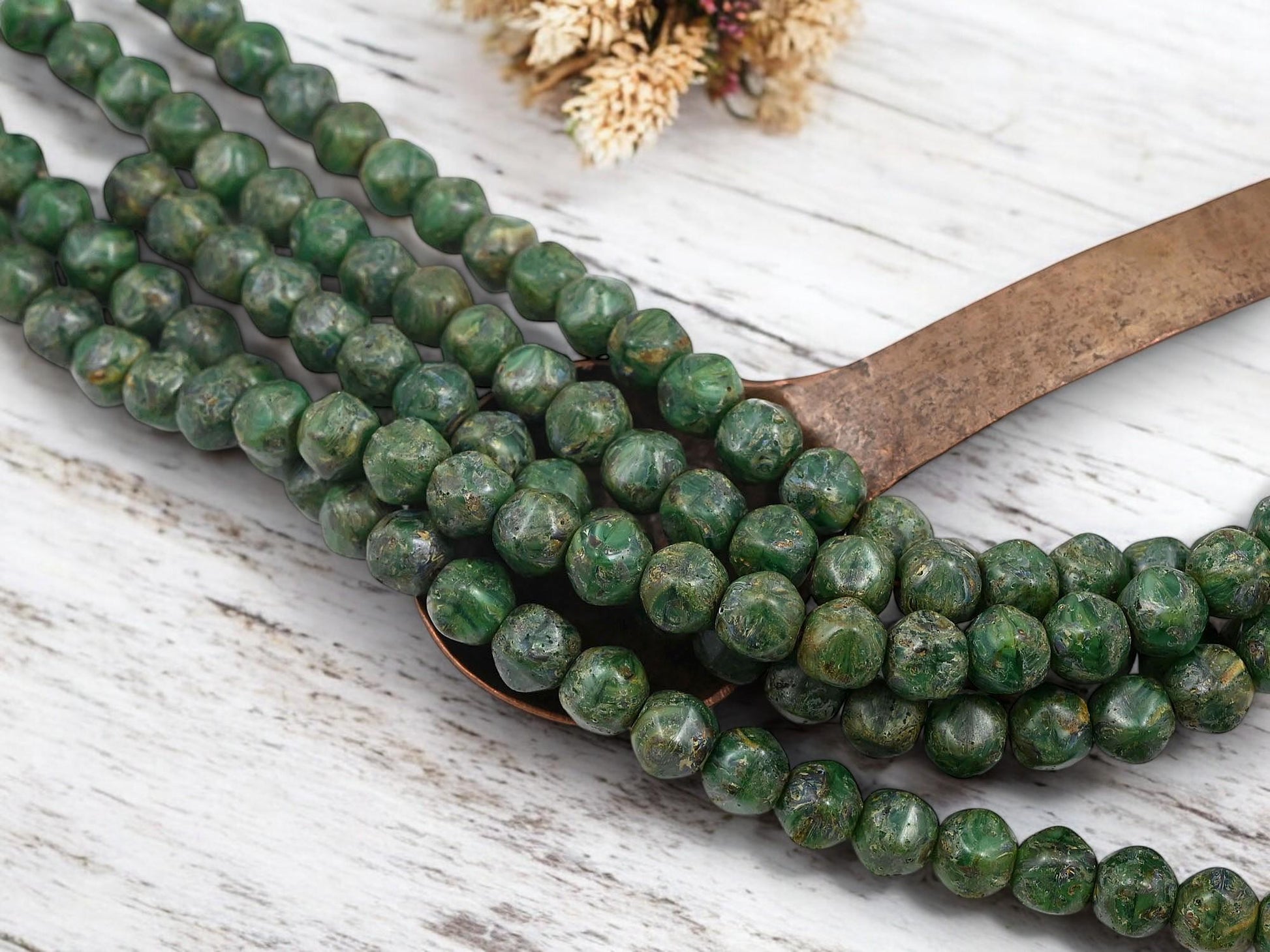 *20* 8x7mm Rustic Dark Green Picasso Dented Round Beads