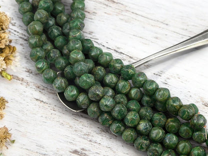 *20* 8x7mm Rustic Dark Green Picasso Dented Round Beads