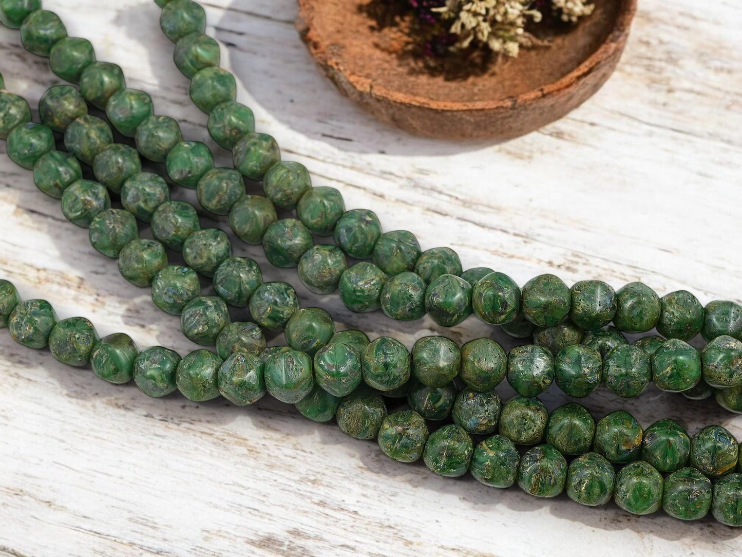 *20* 8x7mm Rustic Dark Green Picasso Dented Round Beads