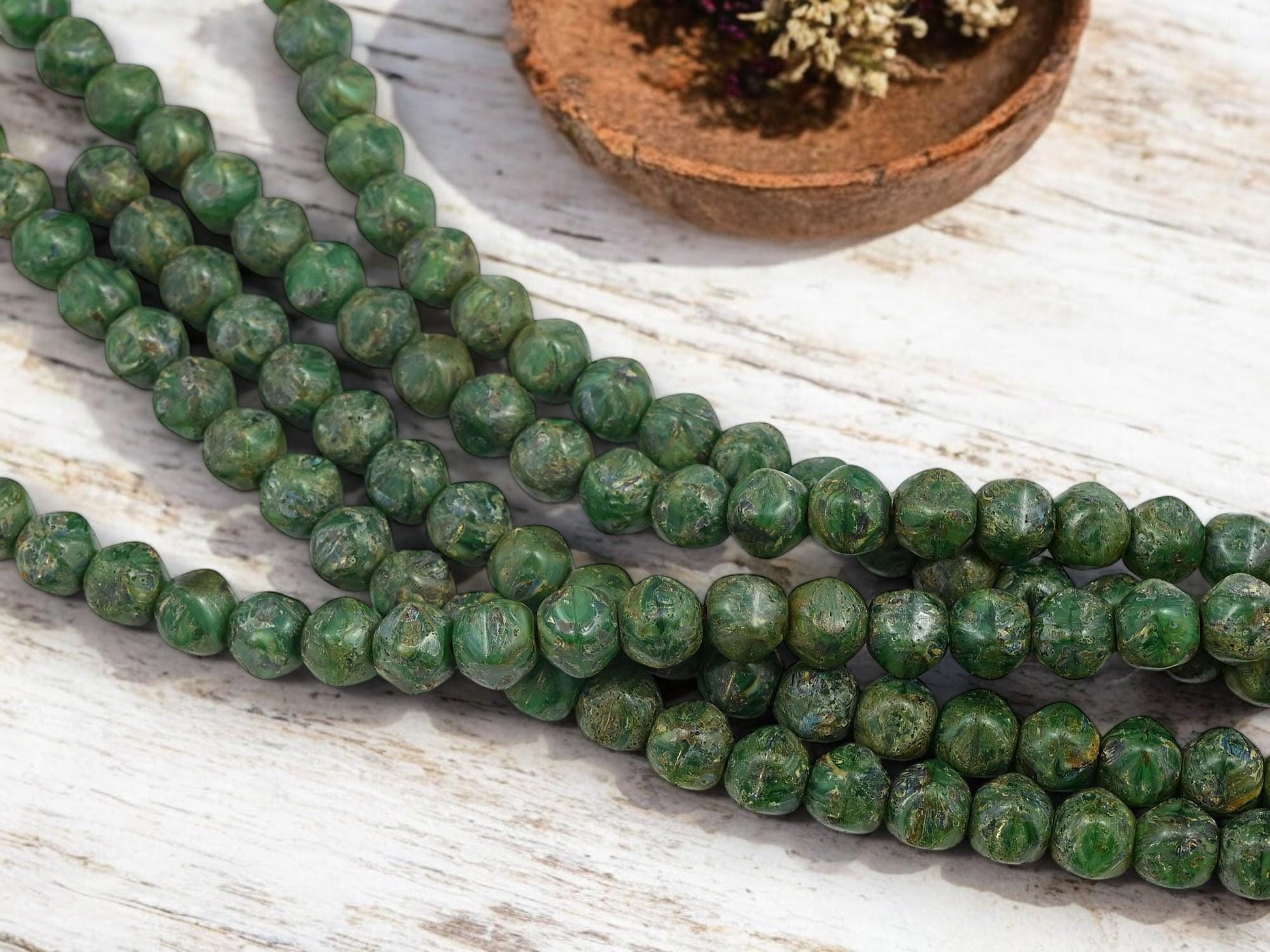 *20* 8x7mm Rustic Dark Green Picasso Dented Round Beads