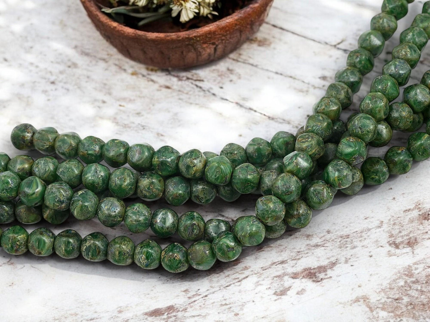 *20* 8x7mm Rustic Dark Green Picasso Dented Round Beads
