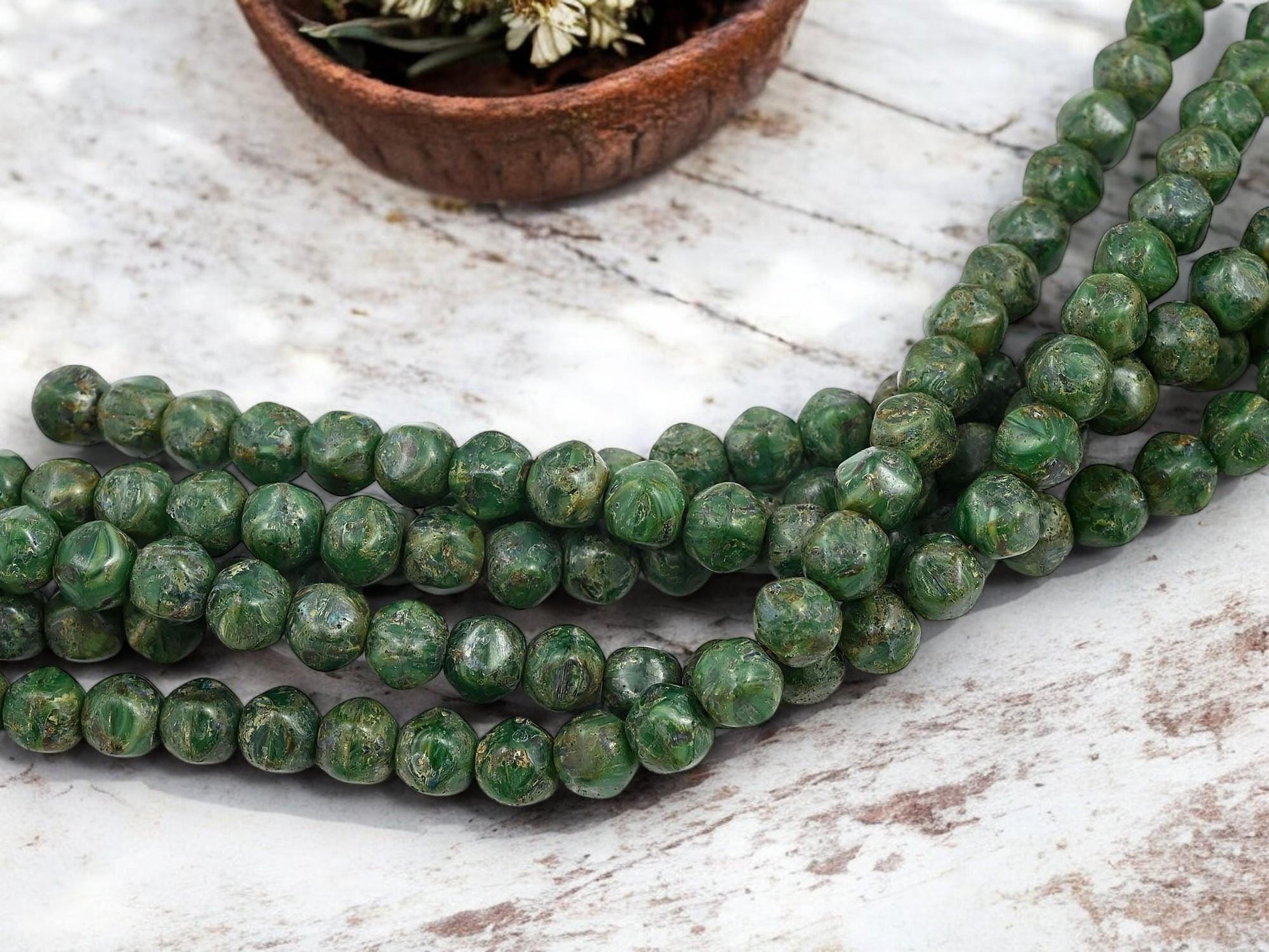 *20* 8x7mm Rustic Dark Green Picasso Dented Round Beads