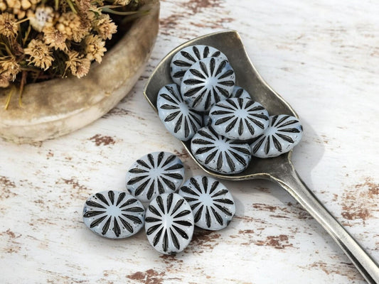 Czech Glass Beads - Oval Beads - Black White Beads - Old Stock Beads - 13x11mm - 11pcs - (2197)