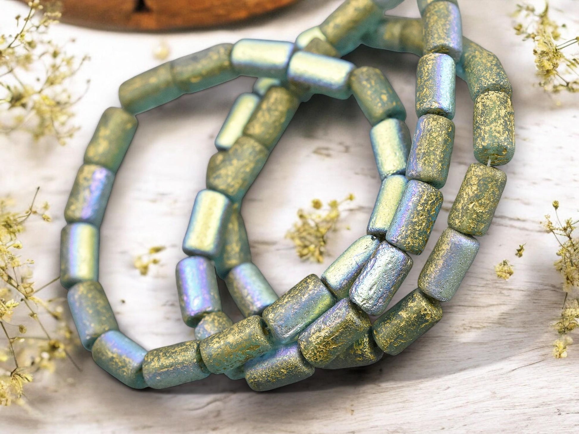 *16* 9x5mm Gold Washed Etched Sky Blue Tube Beads