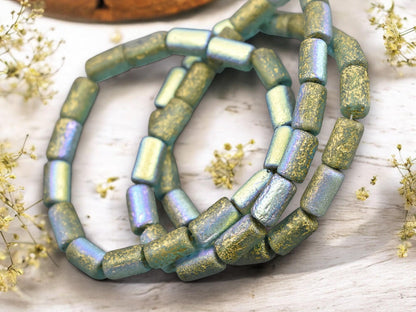 *16* 9x5mm Gold Washed Etched Sky Blue Tube Beads