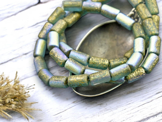 *16* 9x5mm Gold Washed Etched Sky Blue Tube Beads