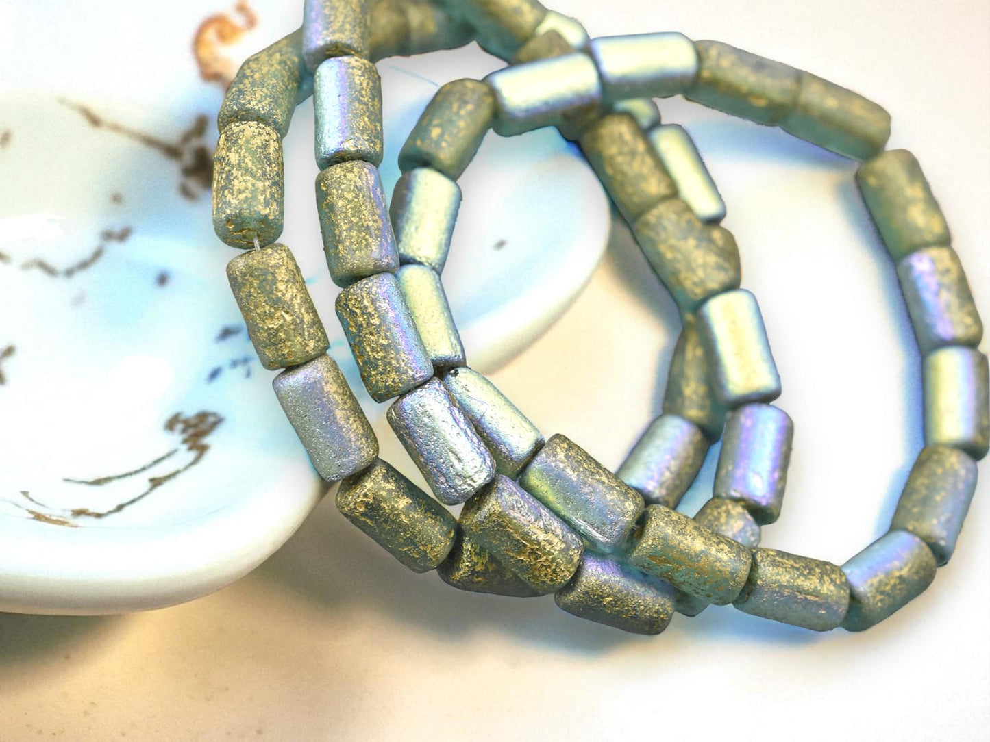 *16* 9x5mm Gold Washed Etched Sky Blue Tube Beads