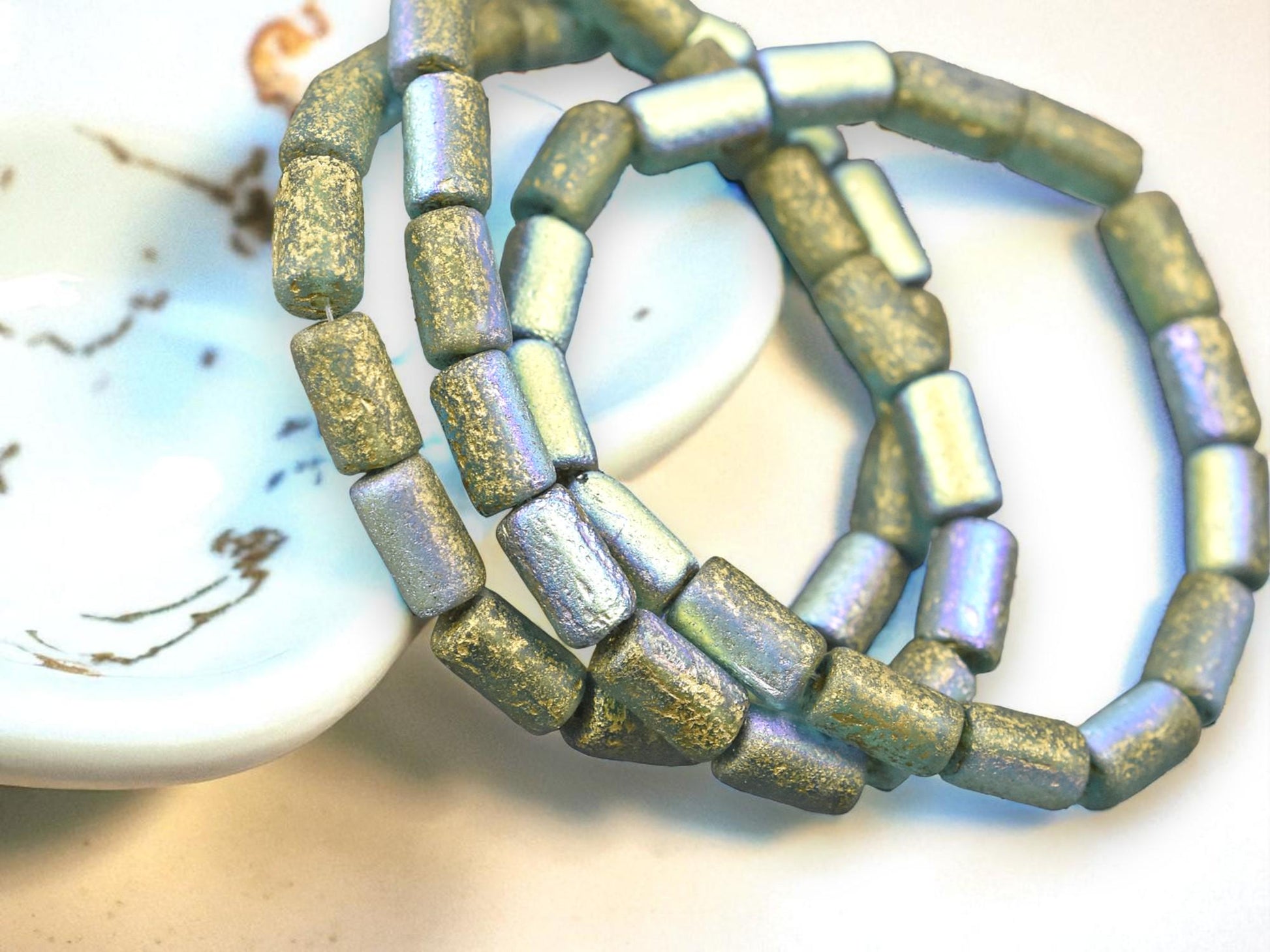 *16* 9x5mm Gold Washed Etched Sky Blue Tube Beads