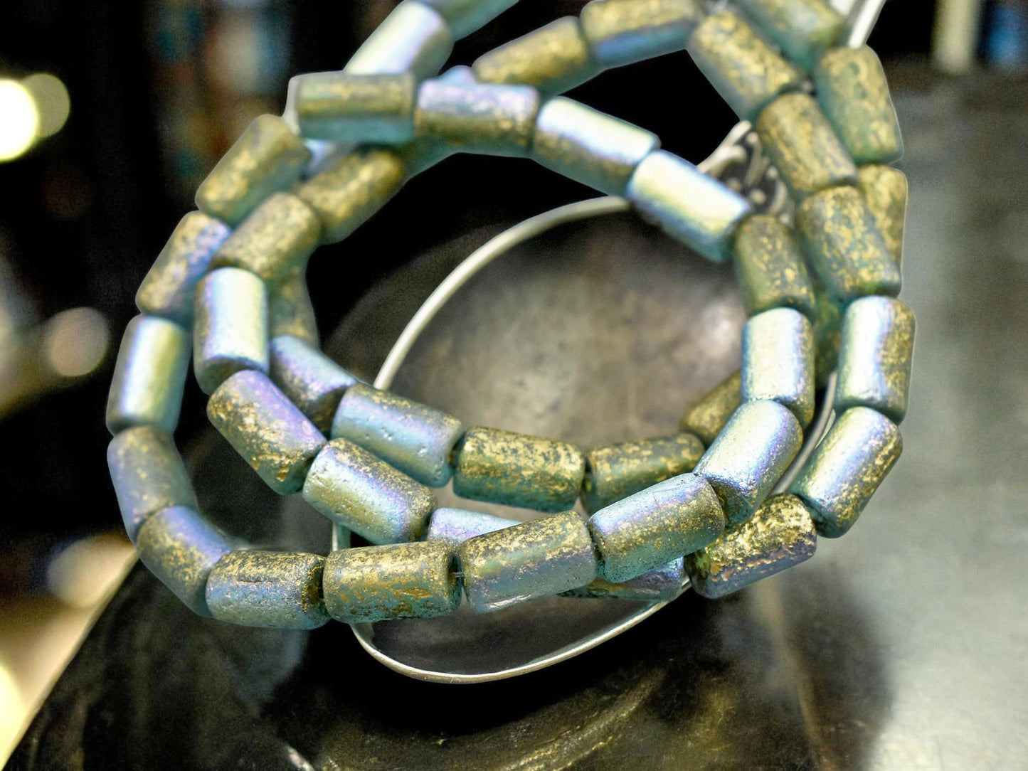 *16* 9x5mm Gold Washed Etched Sky Blue Tube Beads