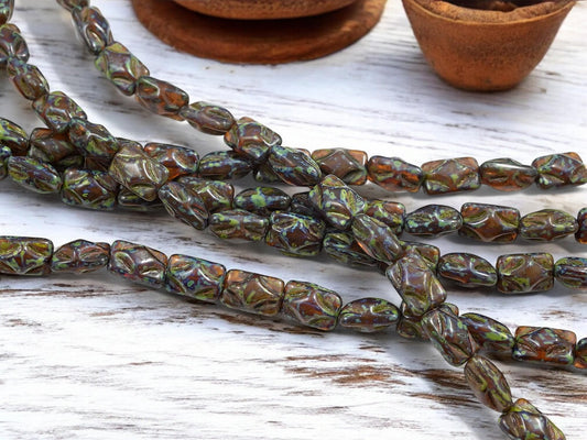 Czech Glass Beads - Picasso Beads - Rectangle Beads - Old Stock Beads - 12x8mm - 17pcs - (705)