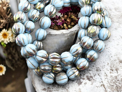 *20* 8mm Metallic Beige Washed Sky Blue AB Faceted Round Melon Beads