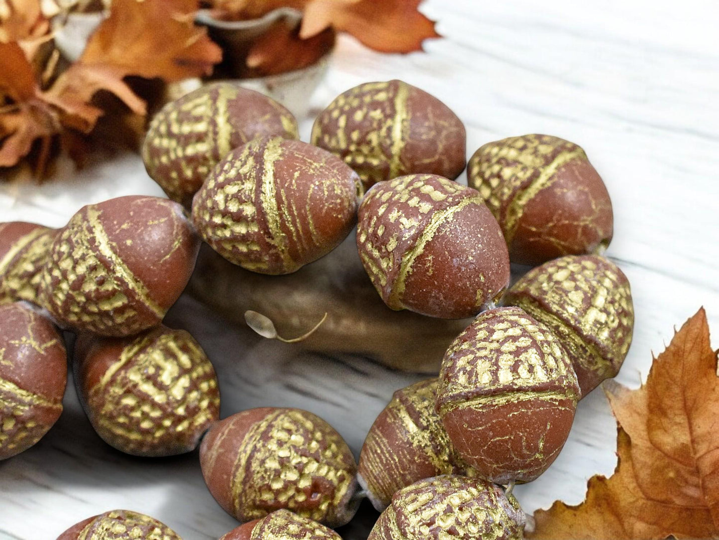 *8* 10x12mm Gold Washed Opaque Chocolate Brown Acorn Oval Beads