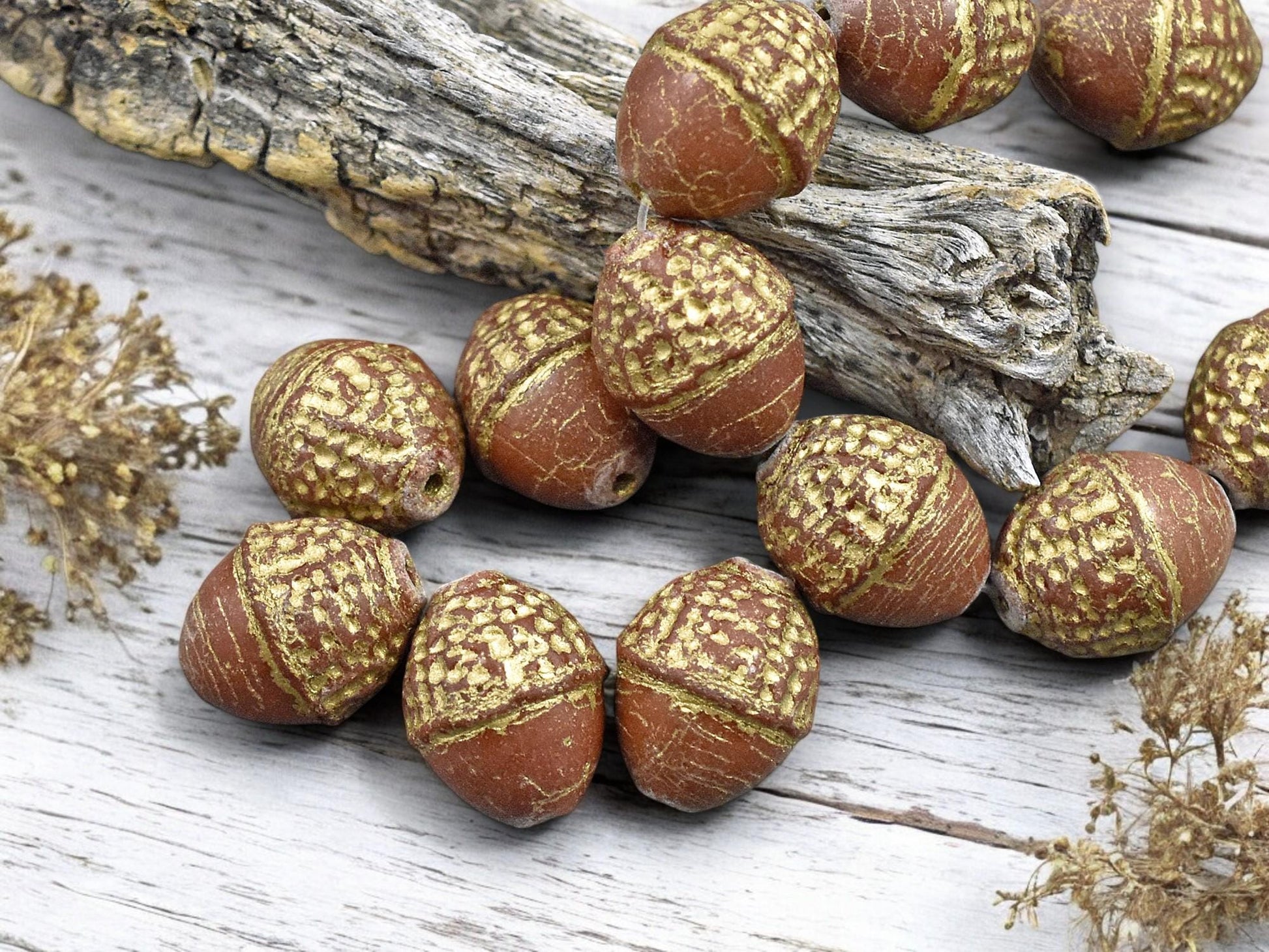 *8* 10x12mm Gold Washed Opaque Chocolate Brown Acorn Oval Beads