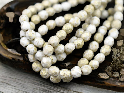 *25* 6mm Gold Etched Opaque White Fire Polished Round Beads