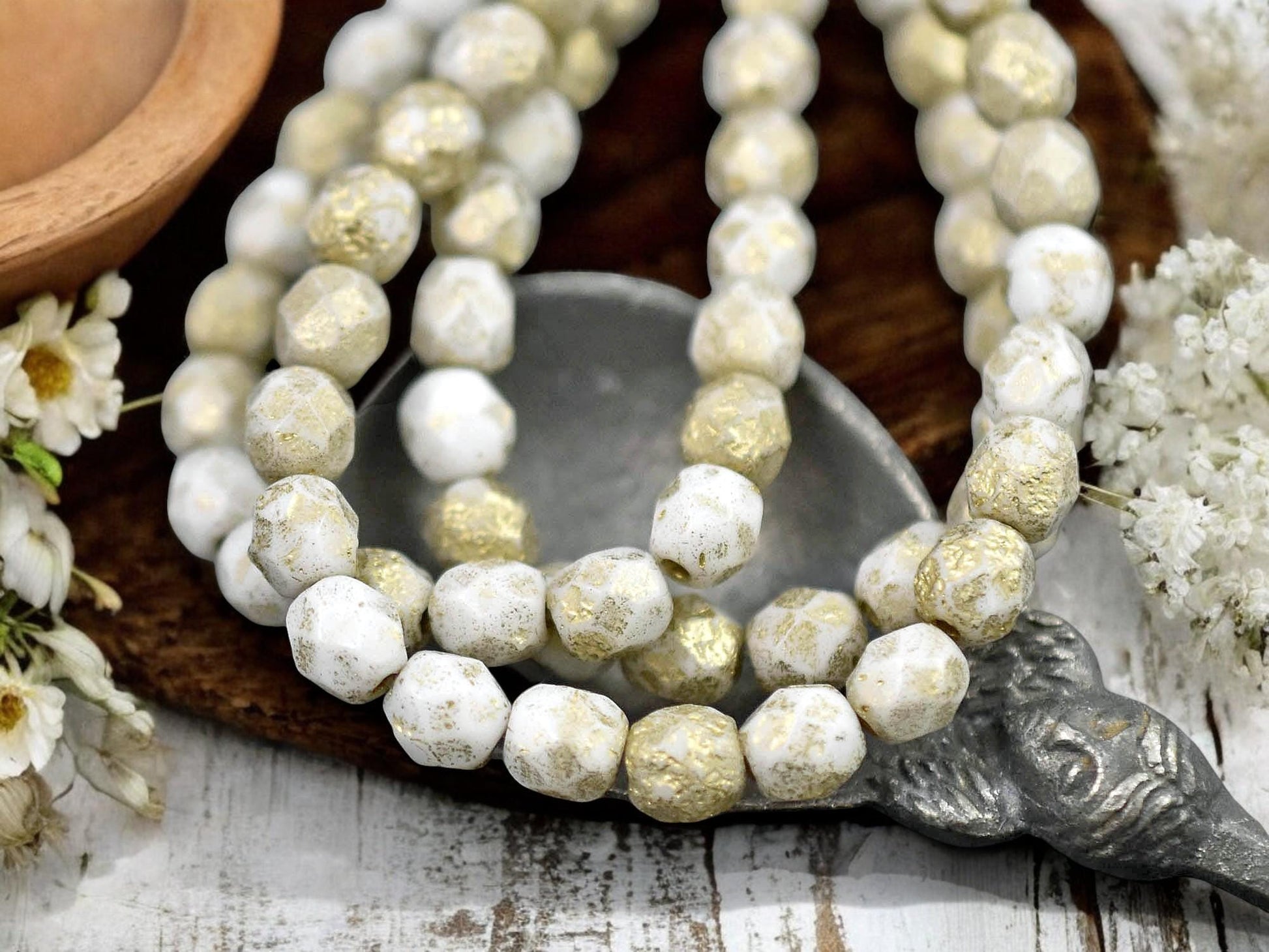 *25* 6mm Gold Etched Opaque White Fire Polished Round Beads