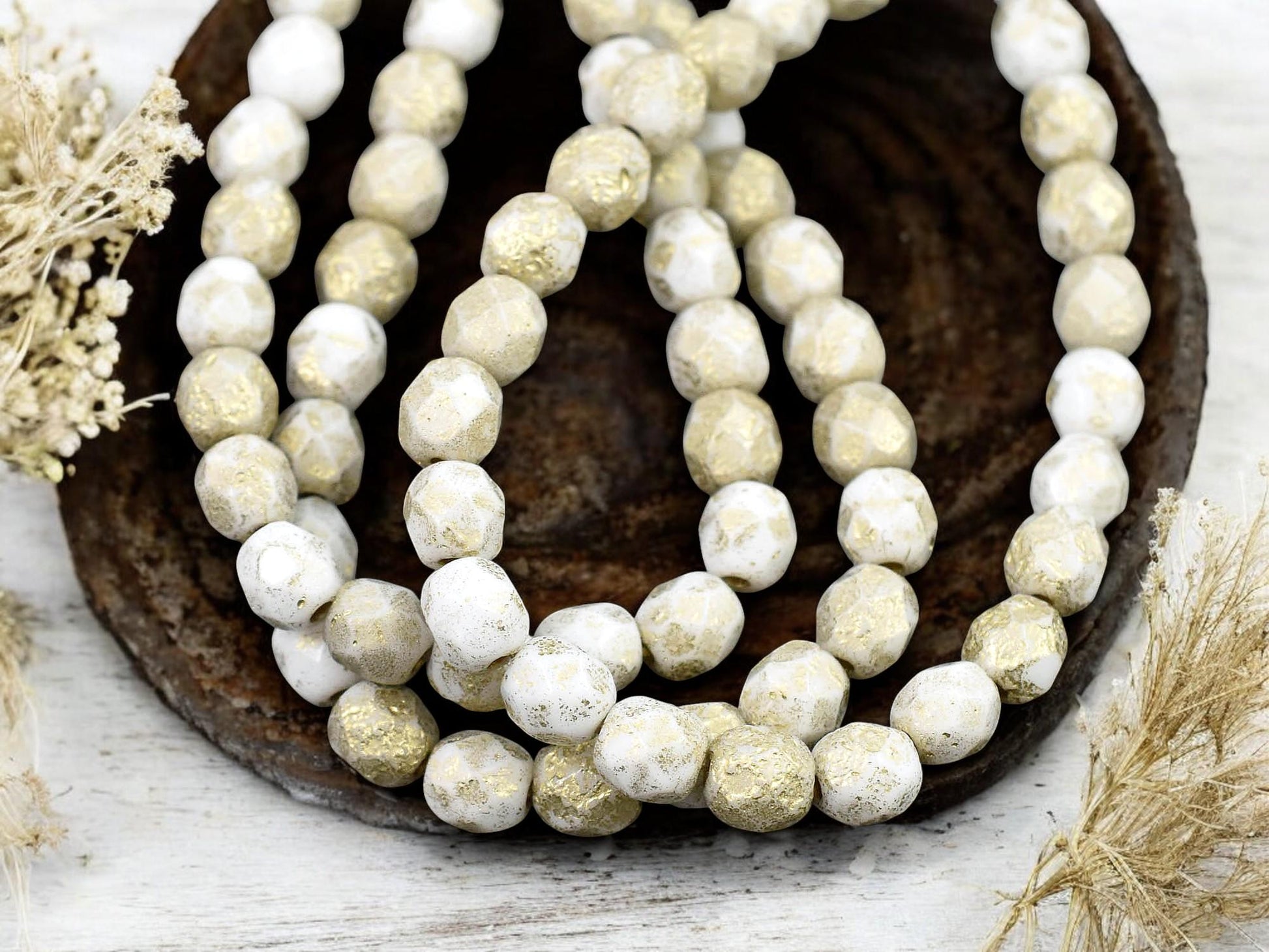 *25* 6mm Gold Etched Opaque White Fire Polished Round Beads