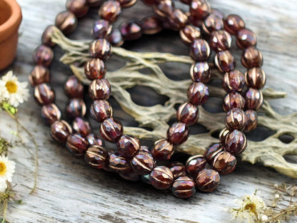 *25* 6mm Copper Washed Purple Lustered Ruby Red Faceted Round Melon Beads