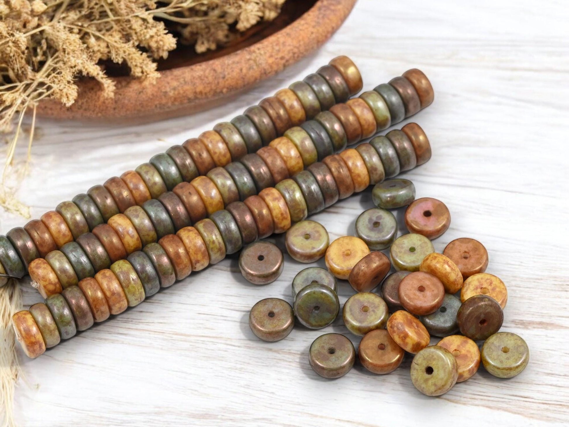 Rondelle Beads - Picasso Beads - Czech Glass Beads - Disc Beads - Spacer Beads - Czech Rondelle - 10mm - 25pcs - (B120)