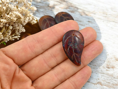 *2* 34x20mm Amber Blue Picasso Top Hole Leaf Beads