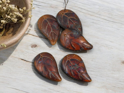 *2* 34x20mm Amber Blue Picasso Top Hole Leaf Beads