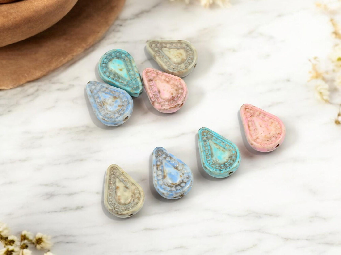 Czech Glass Beads - Mixed Beads - Teardrop Beads - Filigree Style Beads - Tear Drop Beads - 8pcs - 14x10mm - (460)