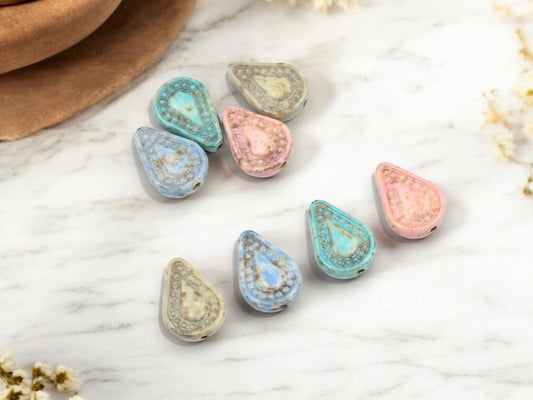 Czech Glass Beads - Mixed Beads - Teardrop Beads - Filigree Style Beads - Tear Drop Beads - 8pcs - 14x10mm - (460)