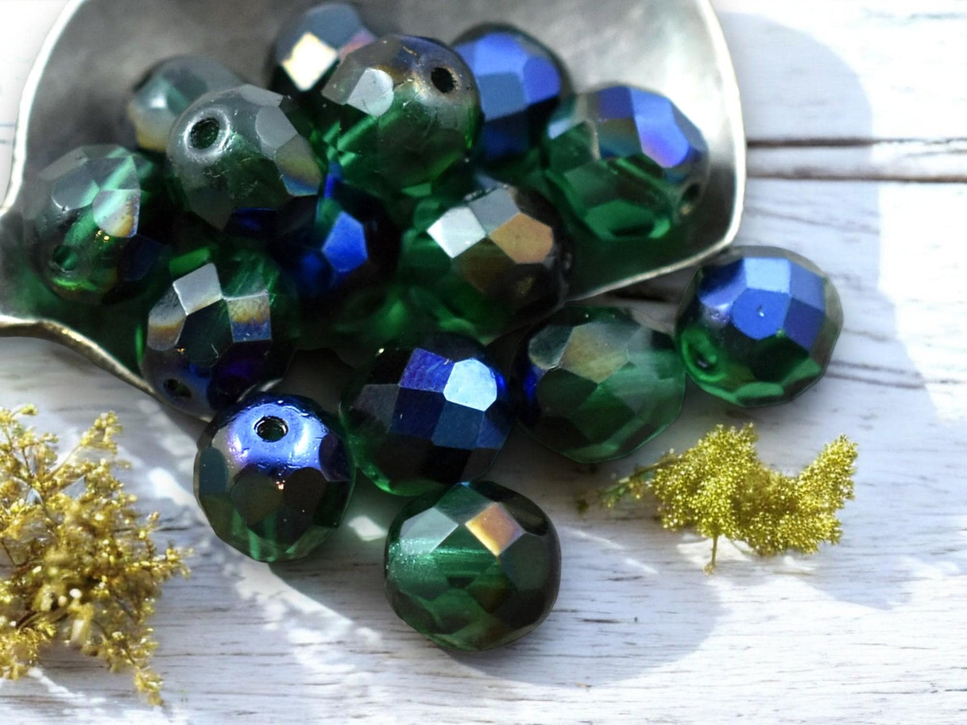 Czech Glass Beads - Fire Polished Beads - Round Beads - Faceted Beads - Emerald Azuro - 6mm 8mm or 10mm