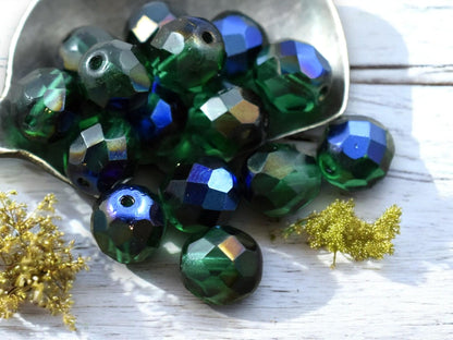 Czech Glass Beads - Fire Polished Beads - Round Beads - Faceted Beads - Emerald Azuro - 6mm 8mm or 10mm