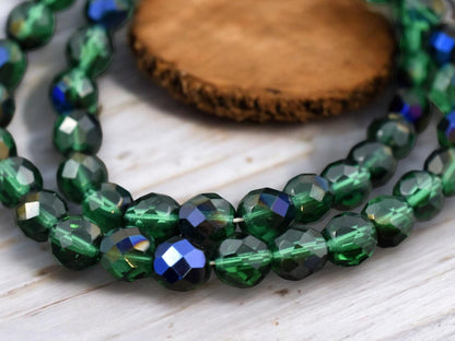 Czech Glass Beads - Fire Polished Beads - Round Beads - Faceted Beads - Emerald Azuro - 6mm 8mm or 10mm