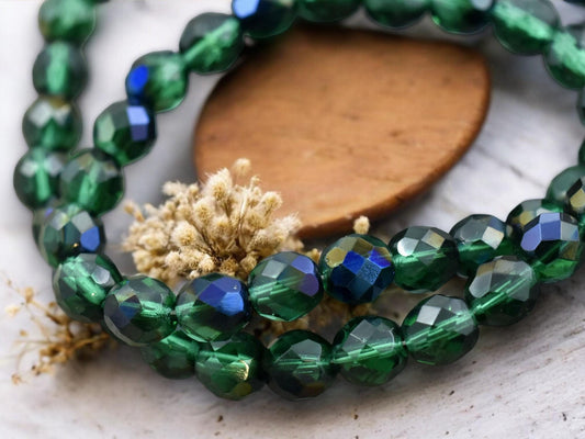 Czech Glass Beads - Fire Polished Beads - Round Beads - Faceted Beads - Emerald Azuro - 6mm 8mm or 10mm