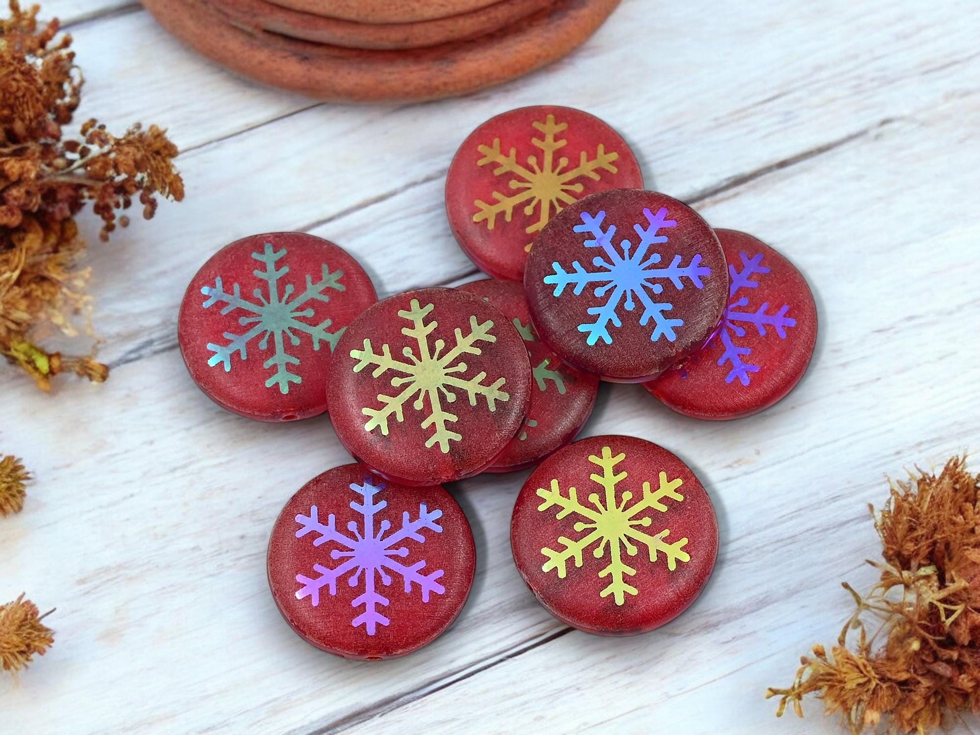 Czech Glass Beads - Snowflake Beads - Focal Beads - Laser Etched Beads - Coin Beads - 17mm - 8pcs - (A412)