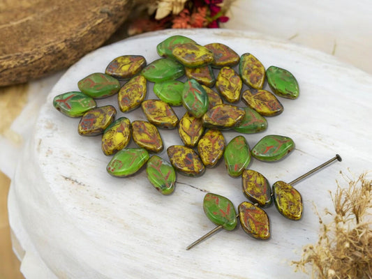 Leaf Beads - Picasso Beads - Czech Glass Beads - Top Drilled Leaf - Old Stock Beads - 12x8mm - 40pcs - (A729)