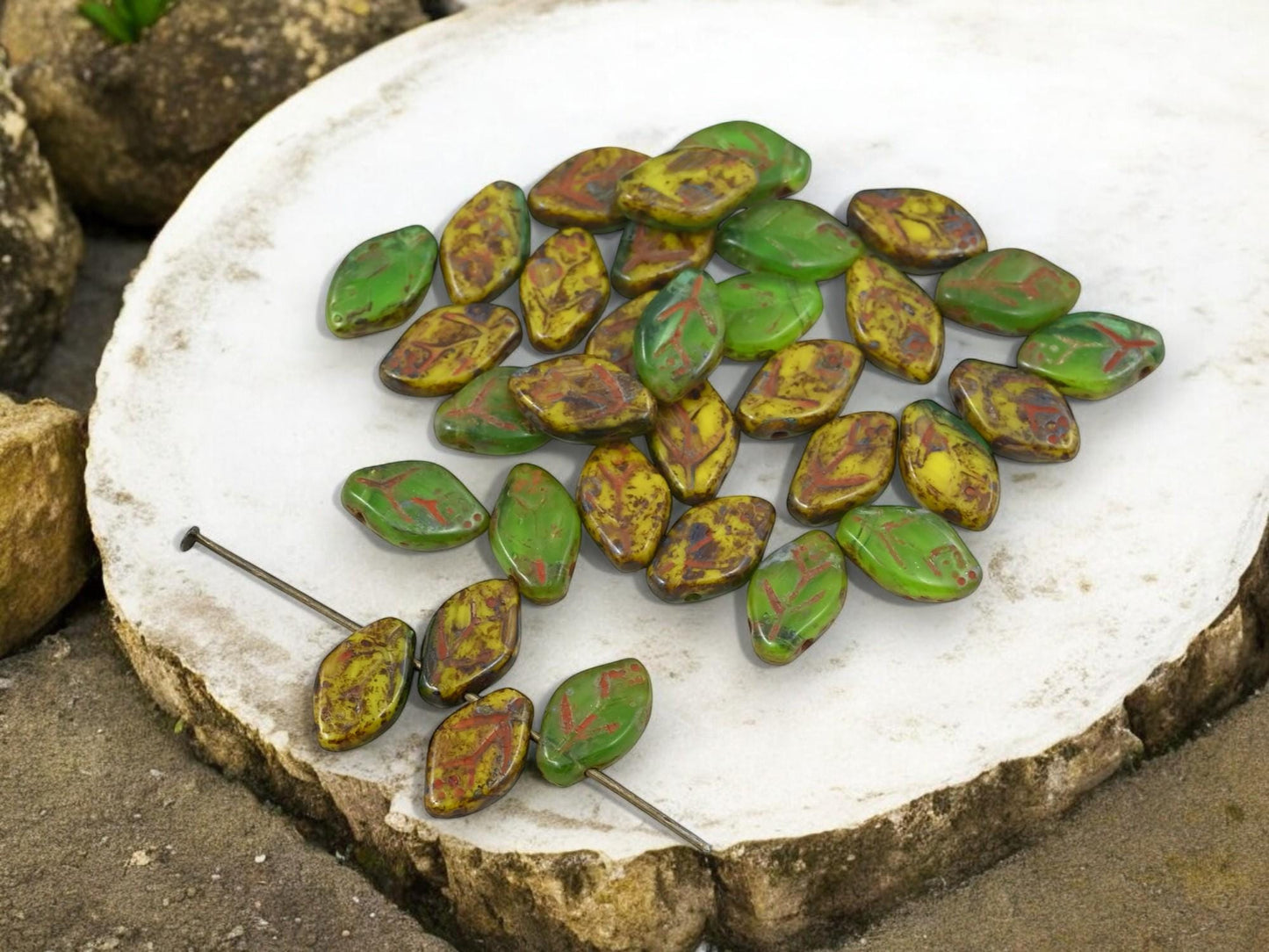 Leaf Beads - Picasso Beads - Czech Glass Beads - Top Drilled Leaf - Old Stock Beads - 12x8mm - 40pcs - (A729)