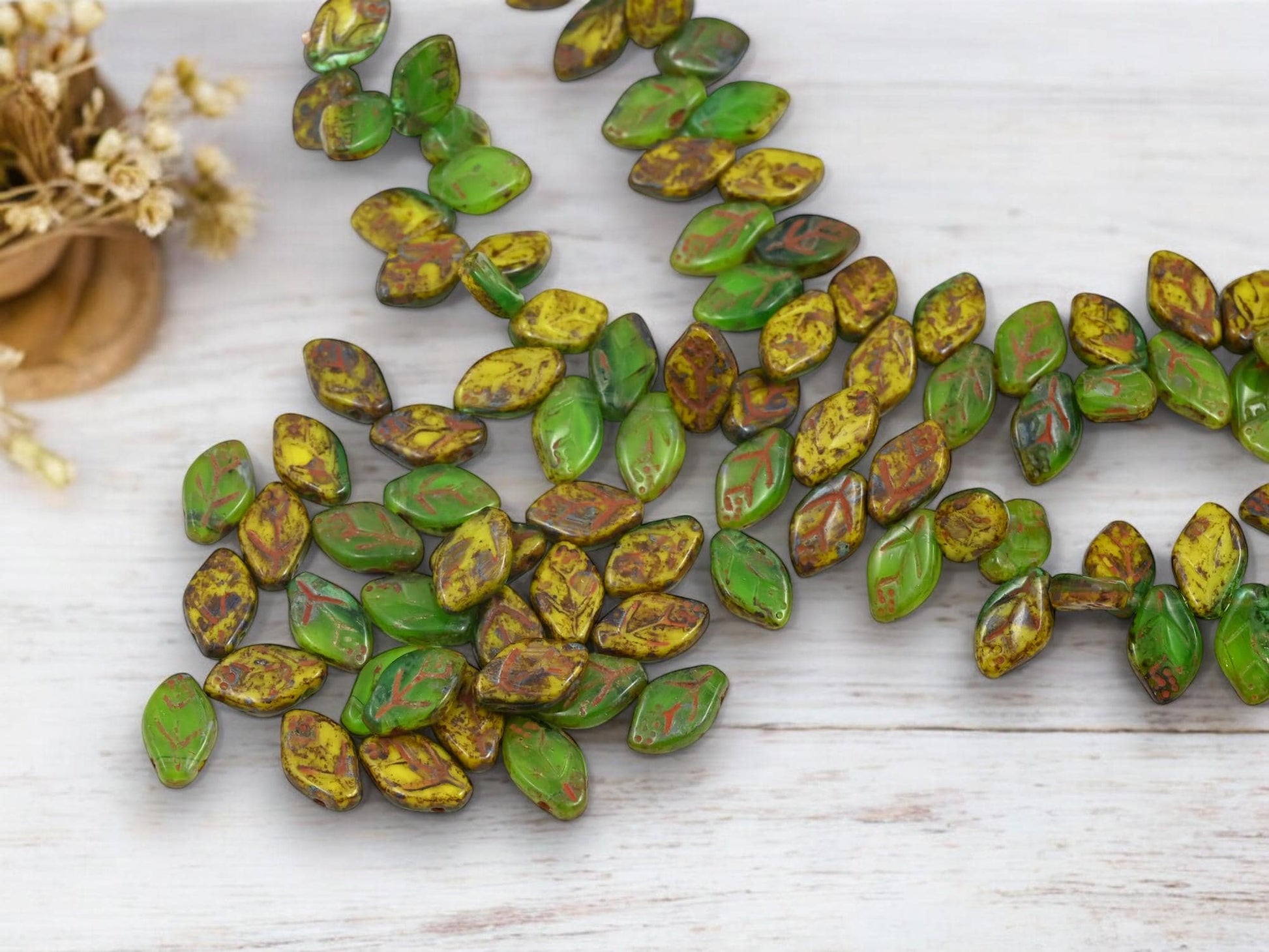 Leaf Beads - Picasso Beads - Czech Glass Beads - Top Drilled Leaf - Old Stock Beads - 12x8mm - 40pcs - (A729)