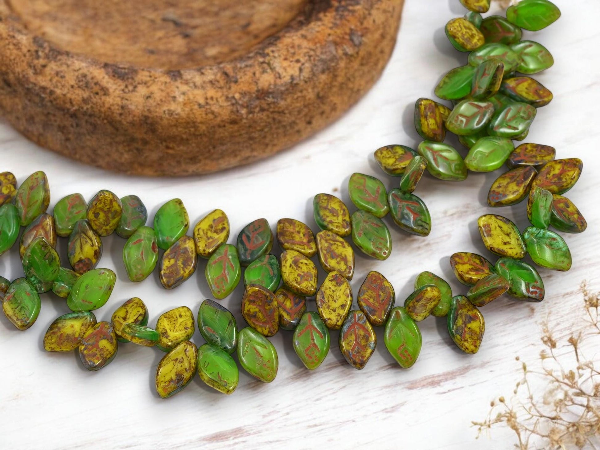 Leaf Beads - Picasso Beads - Czech Glass Beads - Top Drilled Leaf - Old Stock Beads - 12x8mm - 40pcs - (A729)