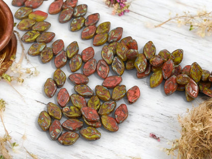 Leaf Beads - Picasso Beads - Czech Glass Beads - Top Drilled Leaf - Old Stock Beads - 12x8mm - 40pcs - (A695)