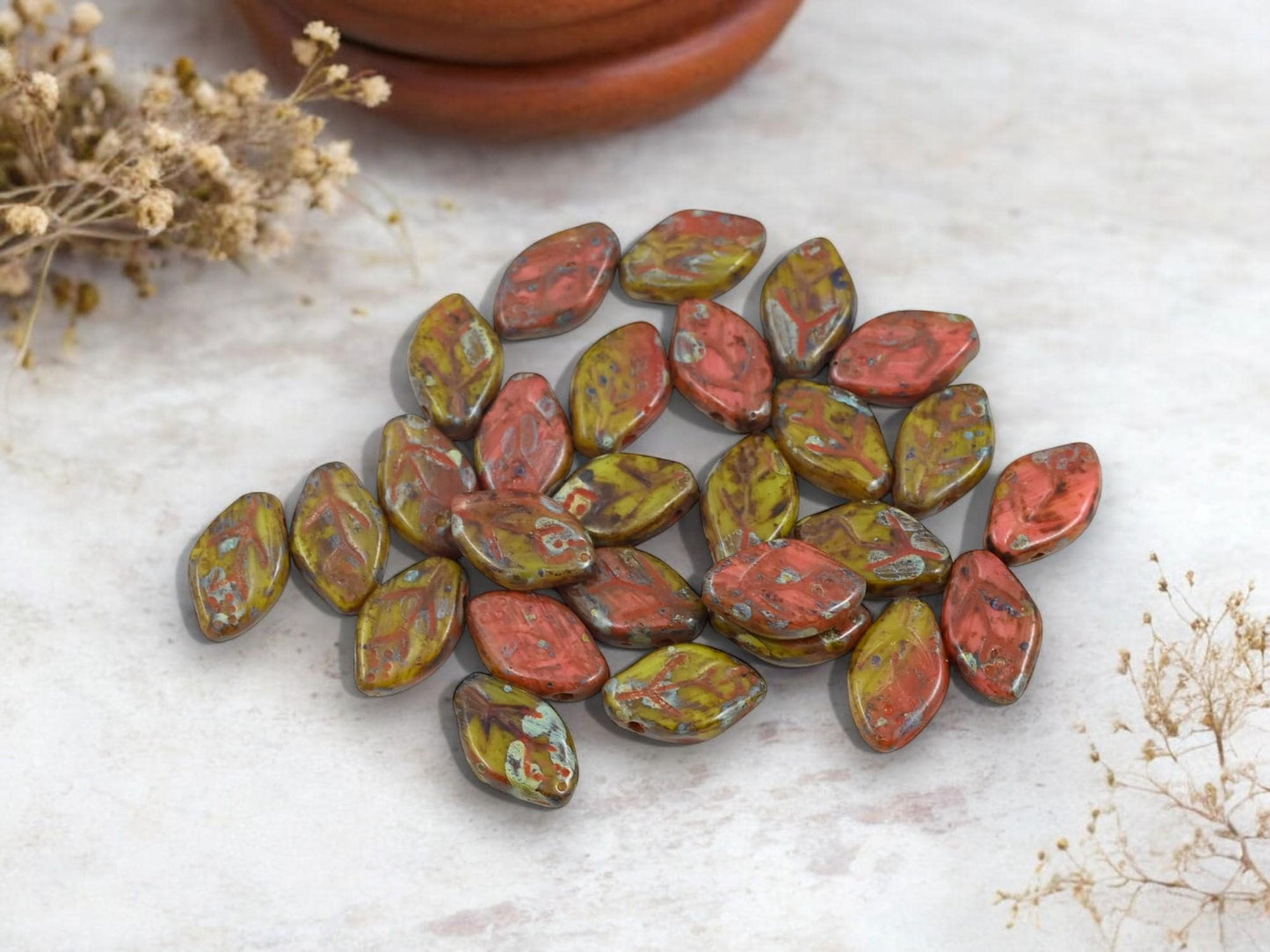Leaf Beads - Picasso Beads - Czech Glass Beads - Top Drilled Leaf - Old Stock Beads - 12x8mm - 40pcs - (A695)