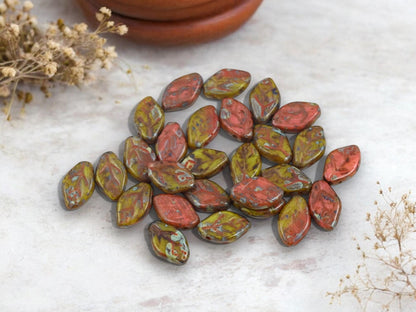 Leaf Beads - Picasso Beads - Czech Glass Beads - Top Drilled Leaf - Old Stock Beads - 12x8mm - 40pcs - (A695)