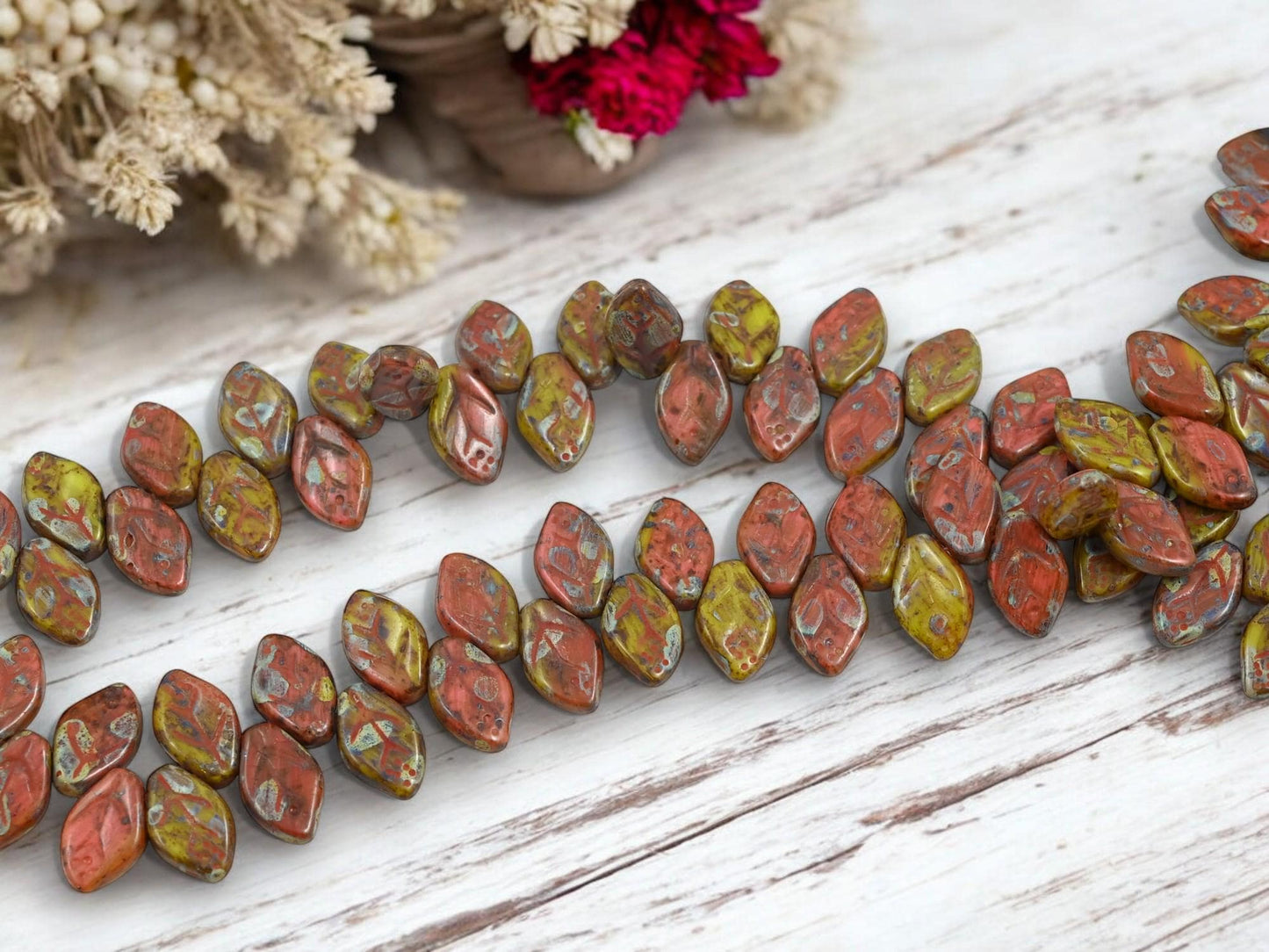 Leaf Beads - Picasso Beads - Czech Glass Beads - Top Drilled Leaf - Old Stock Beads - 12x8mm - 40pcs - (A695)