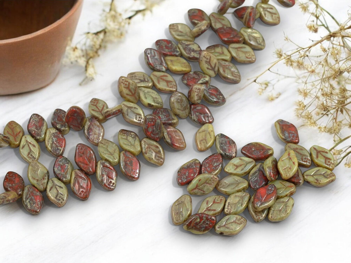 Leaf Beads - Picasso Beads - Czech Glass Beads - Top Drilled Leaf - Old Stock Beads - 12x8mm - 40pcs - (795)