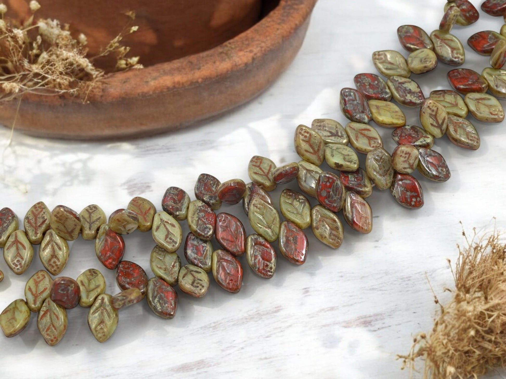 Leaf Beads - Picasso Beads - Czech Glass Beads - Top Drilled Leaf - Old Stock Beads - 12x8mm - 40pcs - (795)