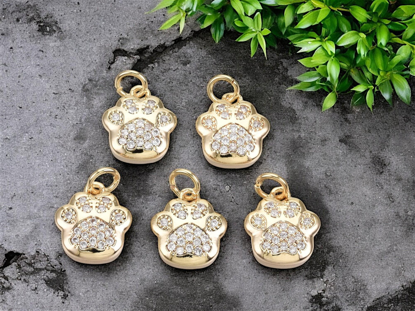 Gold Charms - Paw Charms - Dog Charms - Metal Charms - Micro Pave Charms - CZ Charms - 5pc - 12x11mm - (1737)
