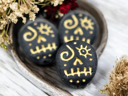 *4* 15x13mm Gold Washed Matte Black Voodoo Face Beads