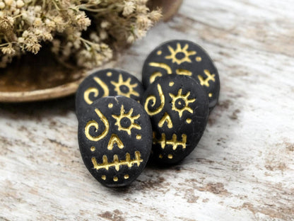 *4* 15x13mm Gold Washed Matte Black Voodoo Face Beads