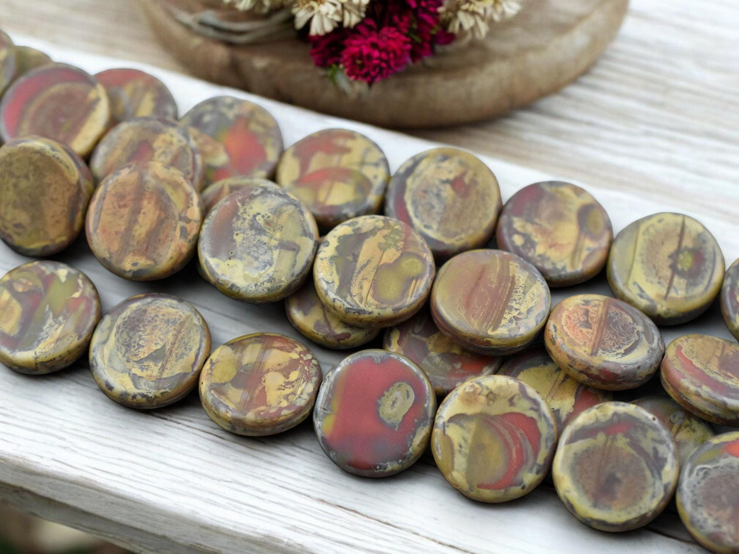 *6* 15mm Blended Orange & Red Travertine Coin Beads