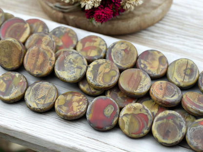 *6* 15mm Blended Orange & Red Travertine Coin Beads