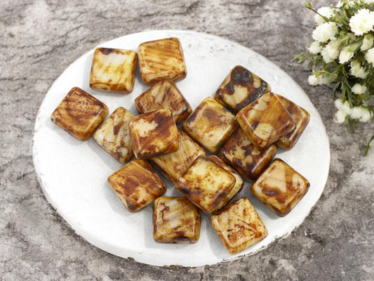 Picasso Beads - Czech Glass Beads - Square Beads - Vintage Czech Beads - 10mm - 18pcs - (6158)