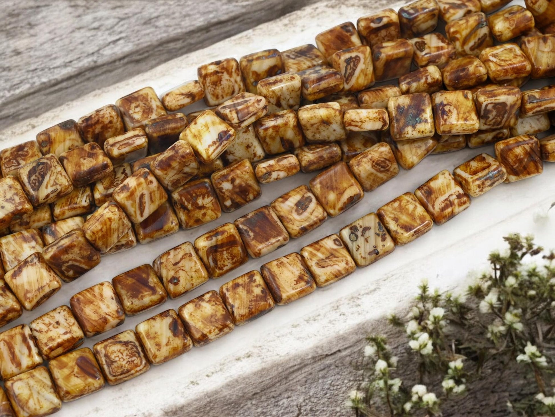 Picasso Beads - Czech Glass Beads - Square Beads - Vintage Czech Beads - 10mm - 18pcs - (6158)