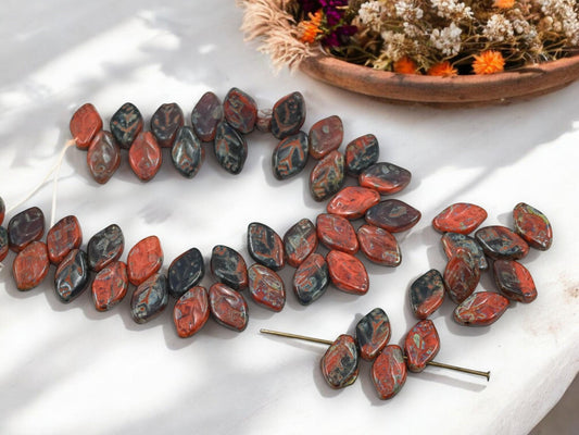 Picasso Beads - Czech Glass Beads - Leaf Beads - Top Drilled Leaf - Czech Glass Leaves - 12x8mm - 40pcs - (530)