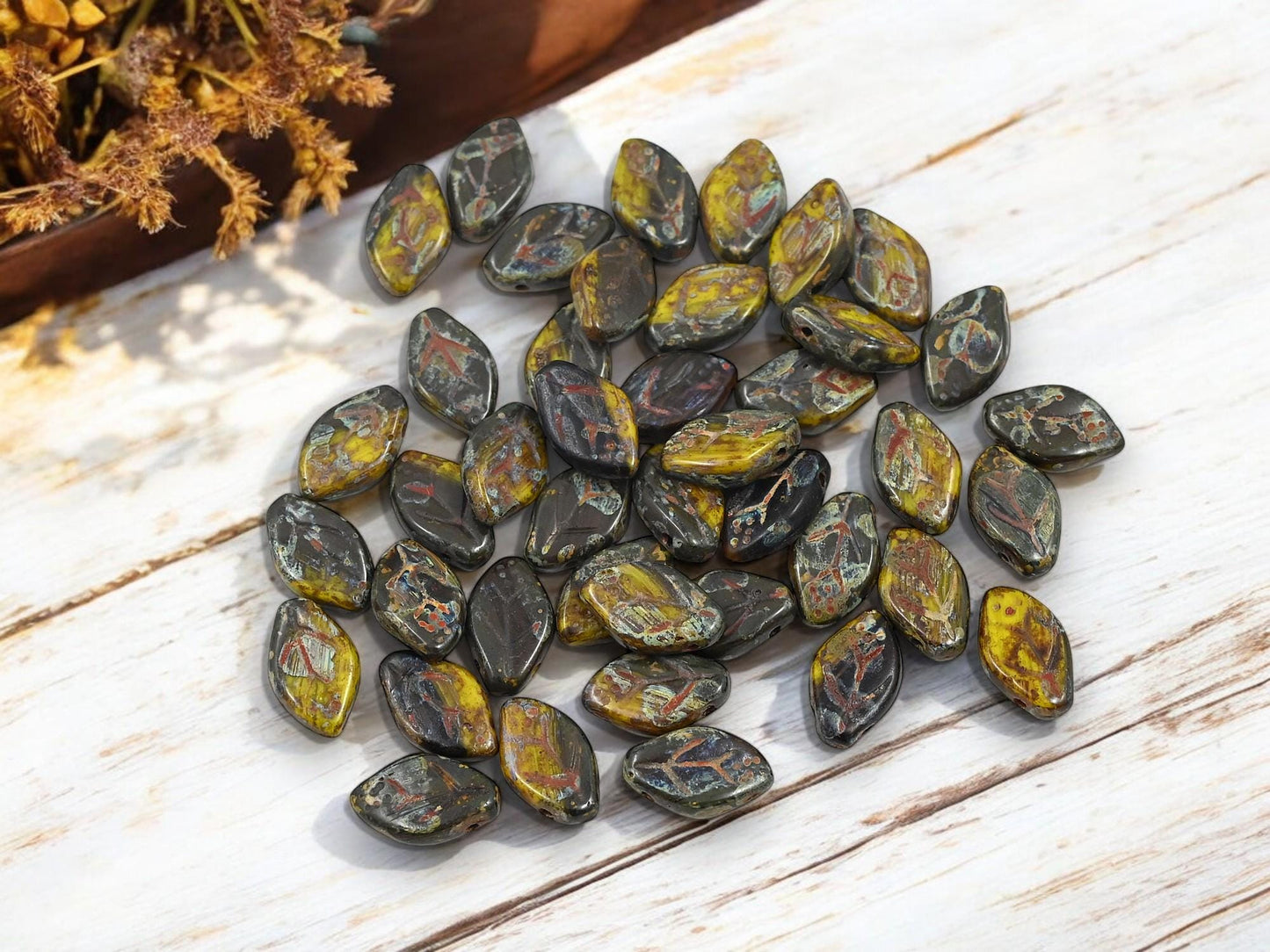 Leaf Beads - Picasso Beads - Czech Glass Beads - Top Drilled Leaf - Czech Glass Leaves - 12x8mm - 40pcs - (1719)
